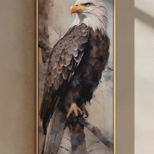 Patriotic Bald Eagle Wall Art, Tall Narrow Canvas for Office Decor, American Wildlife Painting Gold Framed Canvas