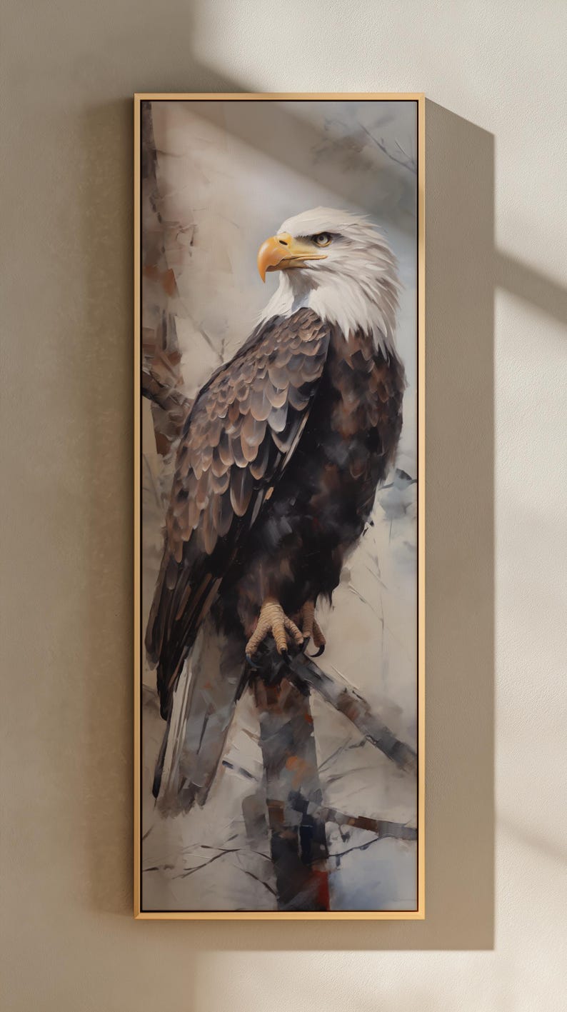 Patriotic Bald Eagle Wall Art, Tall Narrow Canvas for Office Decor, American Wildlife Painting Gold Framed Canvas