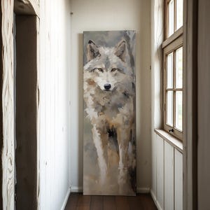 May include: A painting of a wolf with a light brown and gray fur, looking directly at the viewer. The wolf is painted in a realistic style with soft brushstrokes.