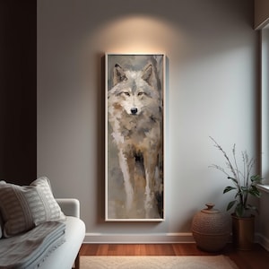 Moody Wolf Painting, Cabin Wall Art Canvas, Rustic Lodge Decor, Earthy Woodland Animal Print, Spirit Animal Gift for Him White Framed Canvas