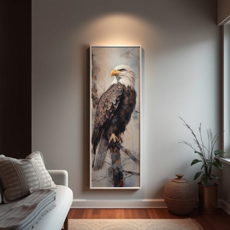 Patriotic Bald Eagle Wall Art, Tall Narrow Canvas for Office Decor, American Wildlife Painting White Framed Canvas