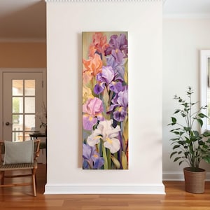Art mural vintage iris, grande toile florale étroite violette, oeuvre d&#39;art botanique de mauvaise humeur pour décoration d&#39;entrée de ferme