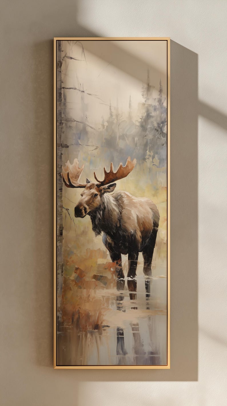 Quadro su tela raffigurante un alce, decorazione rustica con cornice, dipinto di animali selvatici Gold Framed Canvas