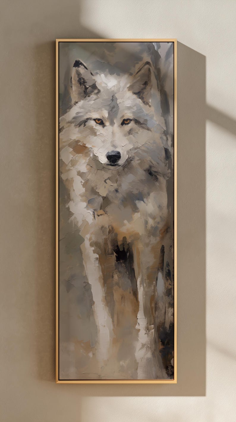 Moody Wolf Painting, Cabin Wall Art Canvas, Rustic Lodge Decor, Earthy Woodland Animal Print, Spirit Animal Gift for Him Gold Framed Canvas