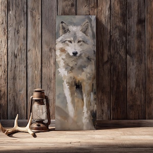 Moody Wolf Painting, Cabin Wall Art Canvas, Rustic Lodge Decor, Earthy Woodland Animal Print, Spirit Animal Gift for Him Stretched Canvas