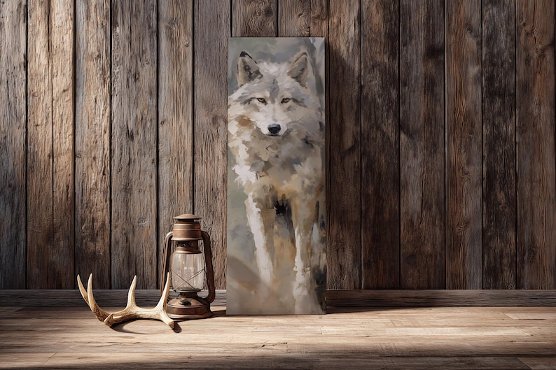 Moody Wolf Painting, Cabin Wall Art Canvas, Rustic Lodge Decor, Earthy Woodland Animal Print, Spirit Animal Gift for Him Stretched Canvas