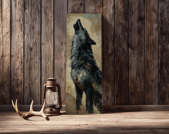 Moody Wolf Painting, Rustic Cabin Canvas Art, Earthy Woodland Print