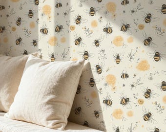 Papel pintado autoadhesivo con abejas caprichosas, mural de tela removible para pared