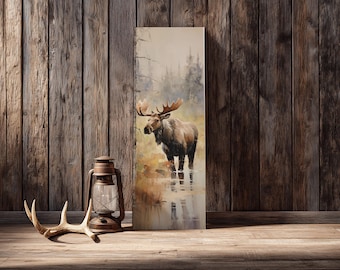Moose Canvas Wall Art, Framed Rustic Lodge Decor, Wildlife Painting