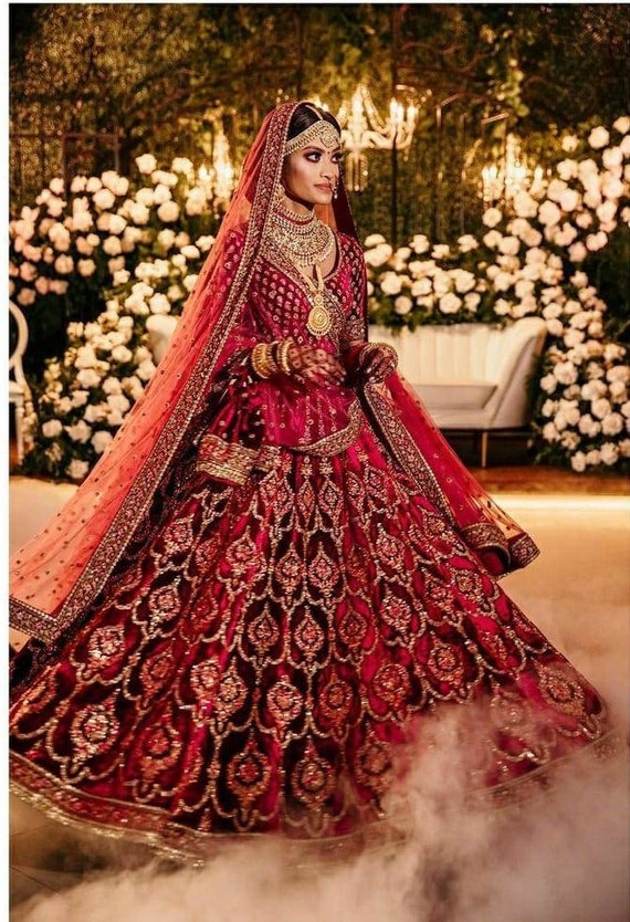 Pakistani Bridal Pishwas Dress in Classic Burgundy Color – Nameera by Farooq