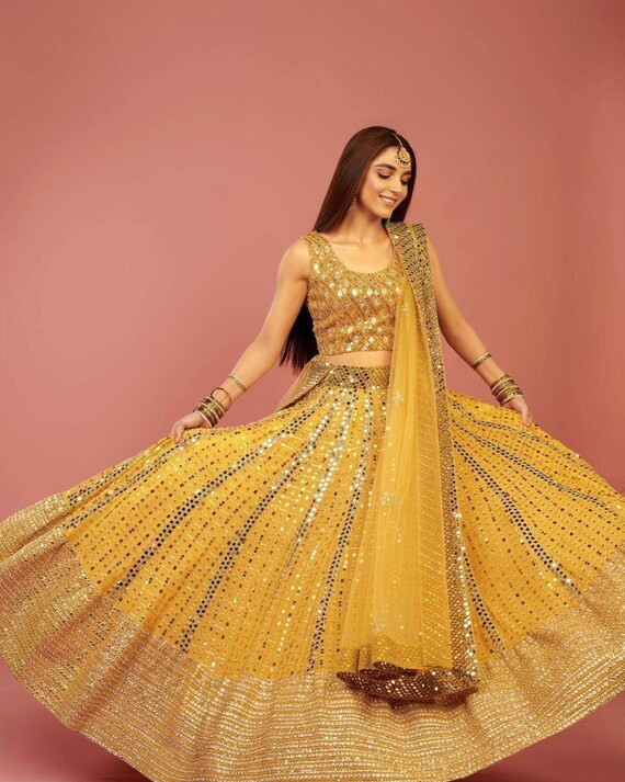 Fancy Full Heavy Sequance Embroidery Work With Real Mirror Lehenga