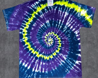 Unisex Handmade Spiral Tie Dye T-shirt Dark Blue, Dark Purple, Neon Green