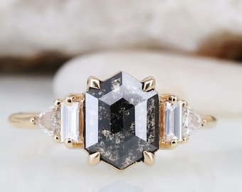 Anel de diamante sal e pimenta vintage hexágono anel de diamante sólido 14k ouro baguete corte anel de noivado anel de promessa presentes de aniversário de casamento