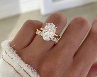 3.05 CT Oval Cut Lab Diamond Engagement Ring Set, Hidden Halo Wedding Ring Set, Oval Cut Bridal Ring Set, Vintage Marquise Cut Matching Band