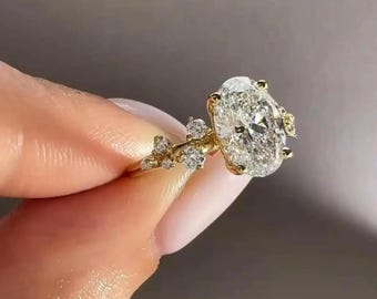 Anillo de compromiso con diamantes cultivados en laboratorio ovalados en racimo, oro de 14 quilates, estilo Art Déco, anillo para mujer, anillo de aniversario, regalo de boda para ella.