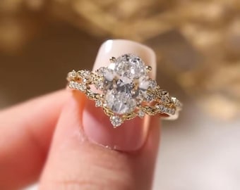 Oval Diamond Engagement Ring Set Lab Grown Diamond Wedding Set Bridal Rings for Her Matching Wedding Band 2 CT Oval Vintage Diamond Ring