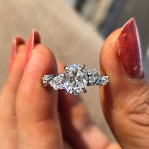 Lab Diamond Oval Engagement Ring, Oval Lab Diamond and Multi-Stone Wedding Ring, White Gold Lab Grown Ring, Cluster Ring, Anniversary Gift