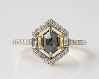 Raw Diamond, 1.50CT Salt and Pepper Ring, Hexagon, Unique Engagement Ring, Rose Cut Geometric Diamond Ring, 14k Gold, Custom Handmade Gift
