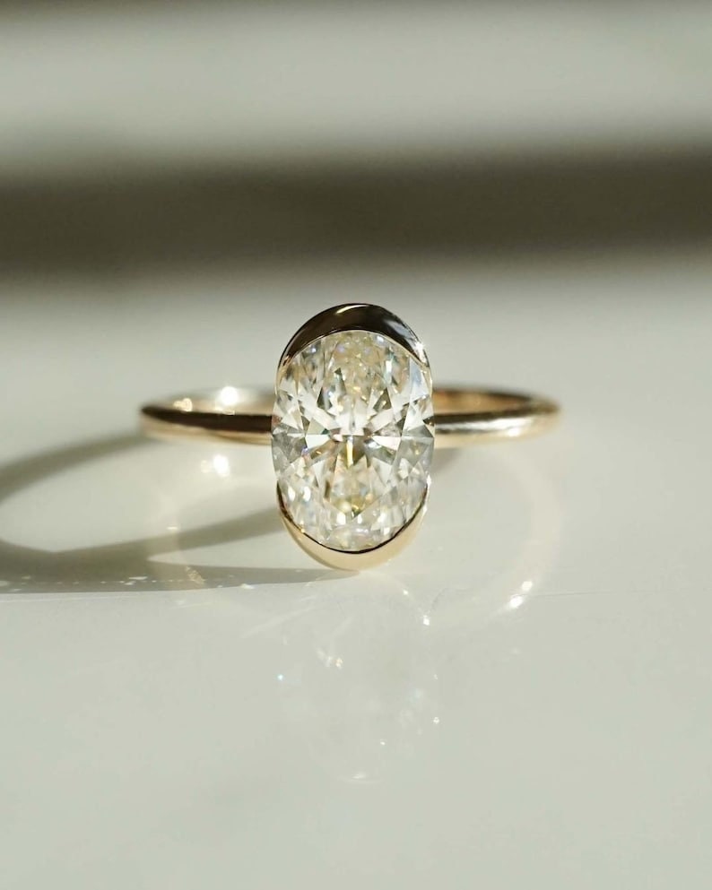 Oval Lab Grown Diamond Engagement Ring Solitaire Wedding Ring, Anniversary Ring Gift Solitaire Oval Diamond Half bezel Ring, Gift For Her