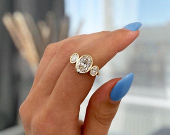 3TCW Oval Cut Lab Grown Diamond Engagement Ring, Three-Stone Bezel Set Trilogy Ring, Yellow Gold Lab Diamond Ring Gifts For Her