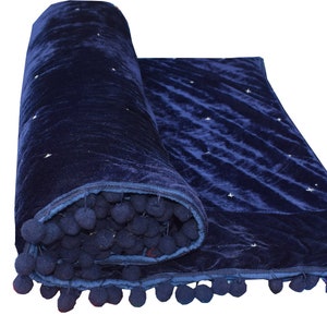 Navy blue Velvet Quilt, Velvet Quilt King, Lap Size Quilt, Blanket, Starry Quilt Pom Pom Throw Blanket, Navy blue quilt Navy blue Bedspread