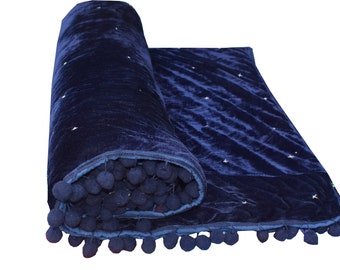 Navy blue Velvet Quilt, Velvet Quilt King, Lap Size Quilt, Blanket, Starry Quilt Pom Pom Throw Blanket, Navy blue quilt Navy blue Bedspread