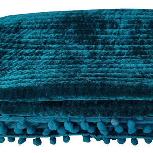 Teal Velvet Quilt Velvet Quilt King, Lap Size Quilt, Blanket Pick Stitch Quilt Pom Pom Throw Blanket, Velvet bedding quilt Blankets & Throws