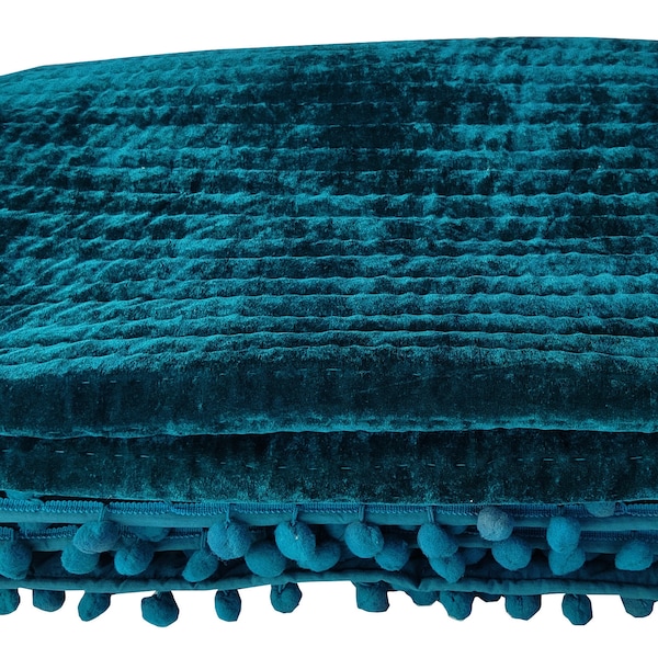 Teal Velvet Quilt Velvet Quilt King, Lap Size Quilt, Blanket Pick Stitch Quilt Pom Pom Throw Blanket, Velvet bedding quilt Blankets & Throws