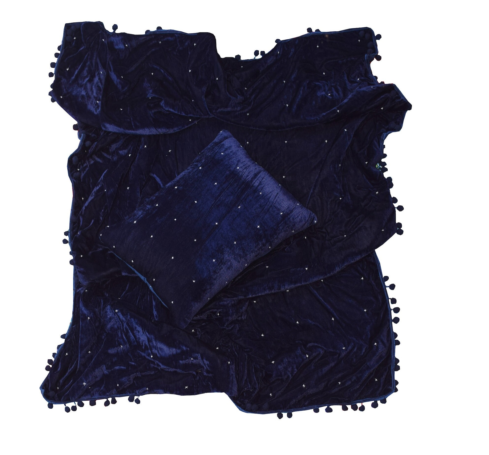 Navy Blue Velvet Quilt, Velvet Quilt King, Lap Size Quilt, Blanket, Starry Quilt Pom Pom Throw