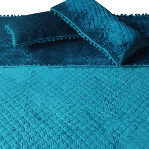 Teal Velvet Quilt, Velvet Quilt King, Lap Size Quilt, Blanket, Pick Stitch Quilt, Pom Pom, Teal Quilt Bedspread Teal comforter
