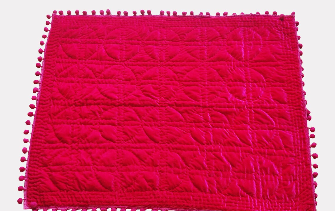 Fuchsia Velvet Quilt, Fuchsia Pompom Velvet Quilt Velvet and Cotton Quilt, Velvet Bedding