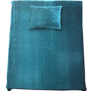 Teal Velvet Quilt, Velvet Quilt King, Lap Size Quilt, Blanket, Pick Stitch Quilt, Pom Pom Throw Blanket, Dark green quilt bedding gift
