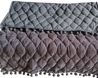 Grey Velvet Comforter, King Quilt, Queen Quilt, Twin Quilts, Bedding Quilts, Velvet Quilt Pick Stitch Quilts, Blanket, Bedding Pompom Quilt