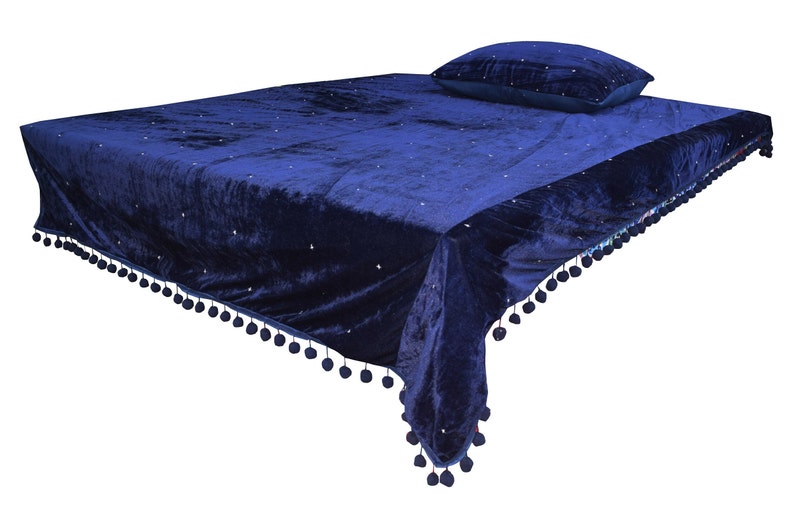 Navy Blue Velvet Quilt, Velvet Quilt King, Lap Size Quilt, Blanket, Starry Quilt Pom Pom Throw