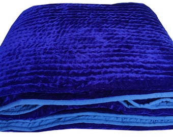 Royal blue Velvet Quilt, Velvet Quilt King, Lap Size Quilt, Blanket, Pick Stitch Quilt Pom Pom Throw Blanket blue quilt Royal blue Bedspread