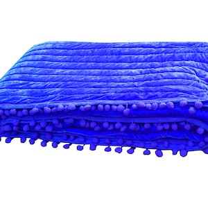 Royal blue Velvet Quilt, Velvet Quilt King, Lap Size Quilt, Blanket, Pick Stitch Quilt, Pom Pom Throw Blanket, blue quilt blue Bedspread