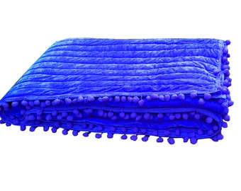 Royal blue Velvet Quilt, Velvet Quilt King, Lap Size Quilt, Blanket, Pick Stitch Quilt, Pom Pom Throw Blanket, blue quilt blue Bedspread