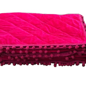 Fuchsia Velvet Quilt, Velvet Quilt King, Lap Size Quilt, Blanket, Pick Stitch Quilt, Pom Pom Throw Blanket, Fuchsia quilt Fuchsia Bedspread