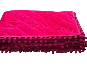 Edredón de terciopelo fucsia, edredón de terciopelo rey, edredón tamaño de regazo, manta, edredón de puntada pick, pom pom throw manta, colcha fucsia fucsia