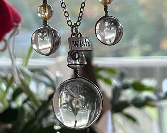 Dandelion Wish with Citrine Crystal Jewelry Set, Citrine Necklace, Citrine Earrings, Dandelion Seed