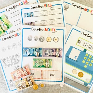 May include: A set of Canadian money learning resources, including worksheets for writing and matching Canadian bills and coins, and a cash register for counting money. The worksheets feature images of Canadian currency, including $5, $10, $20, $50, and $100 bills, as well as coins.