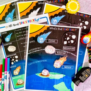 Actividad imprimible sobre cometas, asteroides y meteoritos, aprenda sobre rocas espaciales, estudio de unidad espacial, rompecabezas espacial, atmósfera terrestre, el cinturón de asteroides