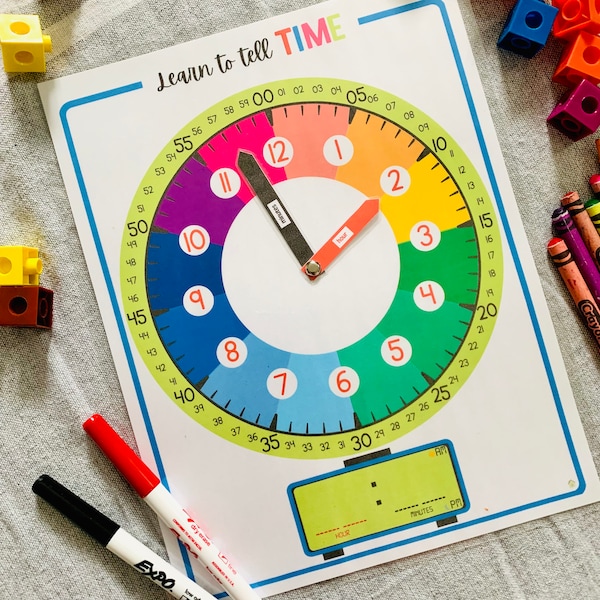 Learn to tell Time Printable Clock, Clock Printable, Telling Time, Teach Time, Kindergarten Clock Practice, Clock Printable, Kids Learning