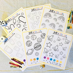 Jeu de feuilles de travail Roll and Color, activité préscolaire, imprimable à la maison, reconnaissance des nombres, activité de dés, jeux à la maison