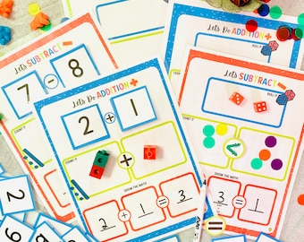 Kindergarten Math Printable Bundle, Adding and Subtraction Worksheets, Math Printables, Homeschool Math Activities, Addition and Subtraction