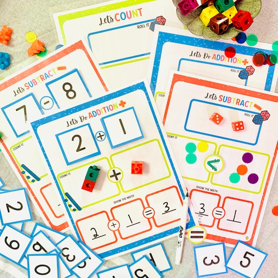 Kindergarten Math Printable Bundle, Adding and Subtraction Worksheets, Math Printables, Homeschool Math Activities, Addition and Subtraction