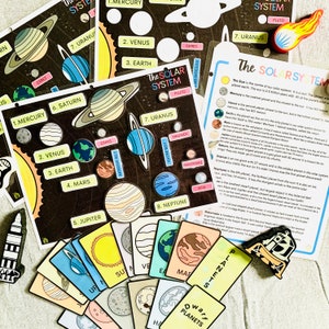 BUNDEL, afdrukbaar zonnestelsel, afdrukbare planeten, planeetflitskaarten, planeten matching game, afdrukbare homeschool, ruimte-eenheidstudie