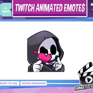 May include: Animated Twitch emote featuring a cartoon skeleton wearing a black hooded robe, winking and holding a pink heart in front of its face. The emote is titled "Animated Emotes".