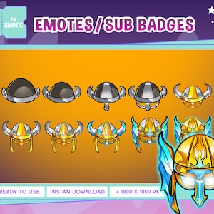 May include: A set of nine digital illustrations of Viking helmets in various styles. The helmets are gold, silver, and black with horns and wings. The text "EMOTES/SUB BADGES" is at the top of the image.
