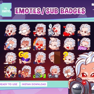 Può includere: Una collezione di emote e badge secondari di Twitch con un personaggio dei cartoni animati con i capelli bianchi e varie espressioni. L'immagine include il testo "EMOTES/SUB BADGES", "READY TO USE" e "INSTAN DOWNLOAD". È presente anche una fotocamera con "4K".